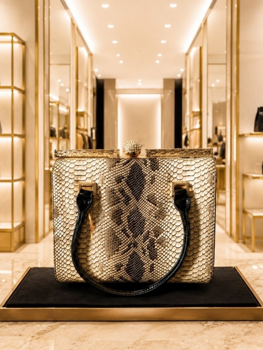 Patent Leather Faux Snakeskin Handbag Purse Rhinestone Ball Closure Lock NWOT